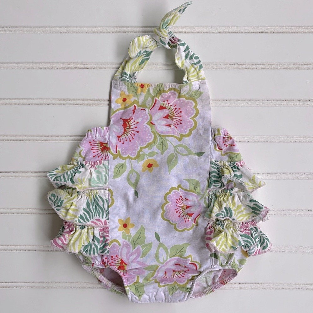 BELLE & BEAUX VGUC 100% Cotton Tropical Floral Print Ruffle Halter Bubble